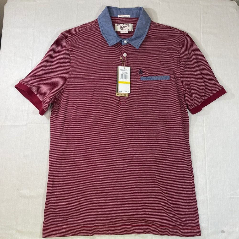 Original Penguin Heritage Slim Fit Polo Shirt Biking Red Stripe Mens Medium NEW